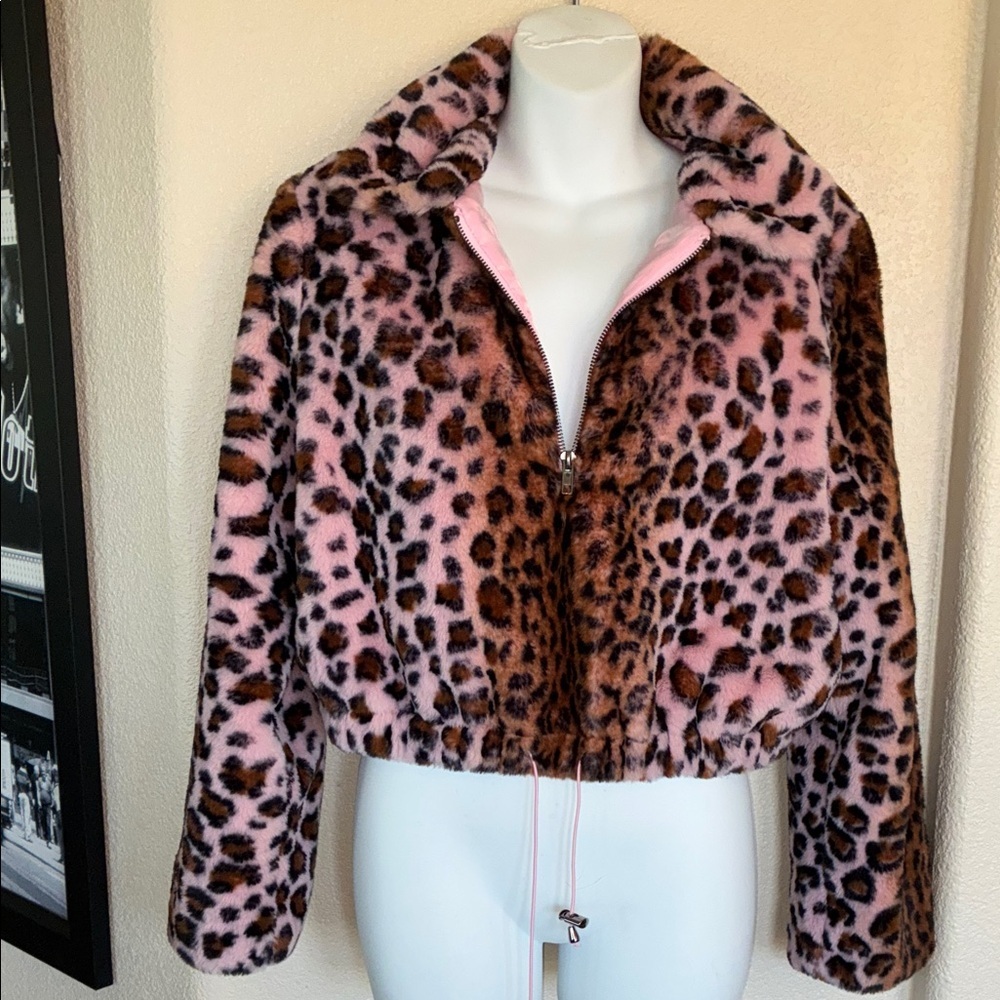 KENDALL & KYLIE Leopard Jacket, Cropped, drawstring bottom, Pink Faux Fur S - Picture 4 of 17
